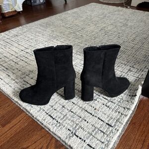 Classic Black Suede Block Heel Ankle Booties - Women's